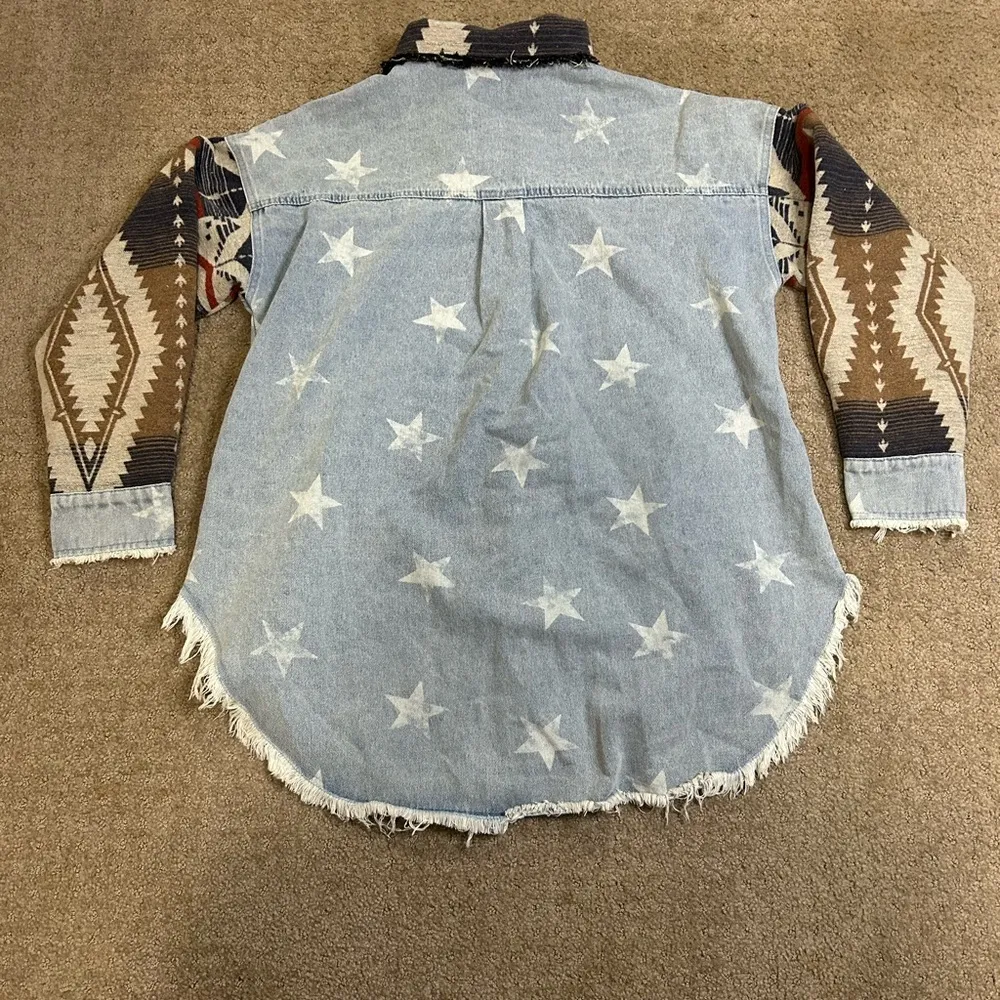 Ethinc Style Patchwork Star Print Raw Hem Denim Jacket Women’s Small - Image 6