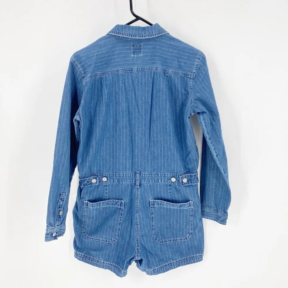 GAP denim utility romper long sleeve pockets pin stripes casual festival size 4 - Image 2