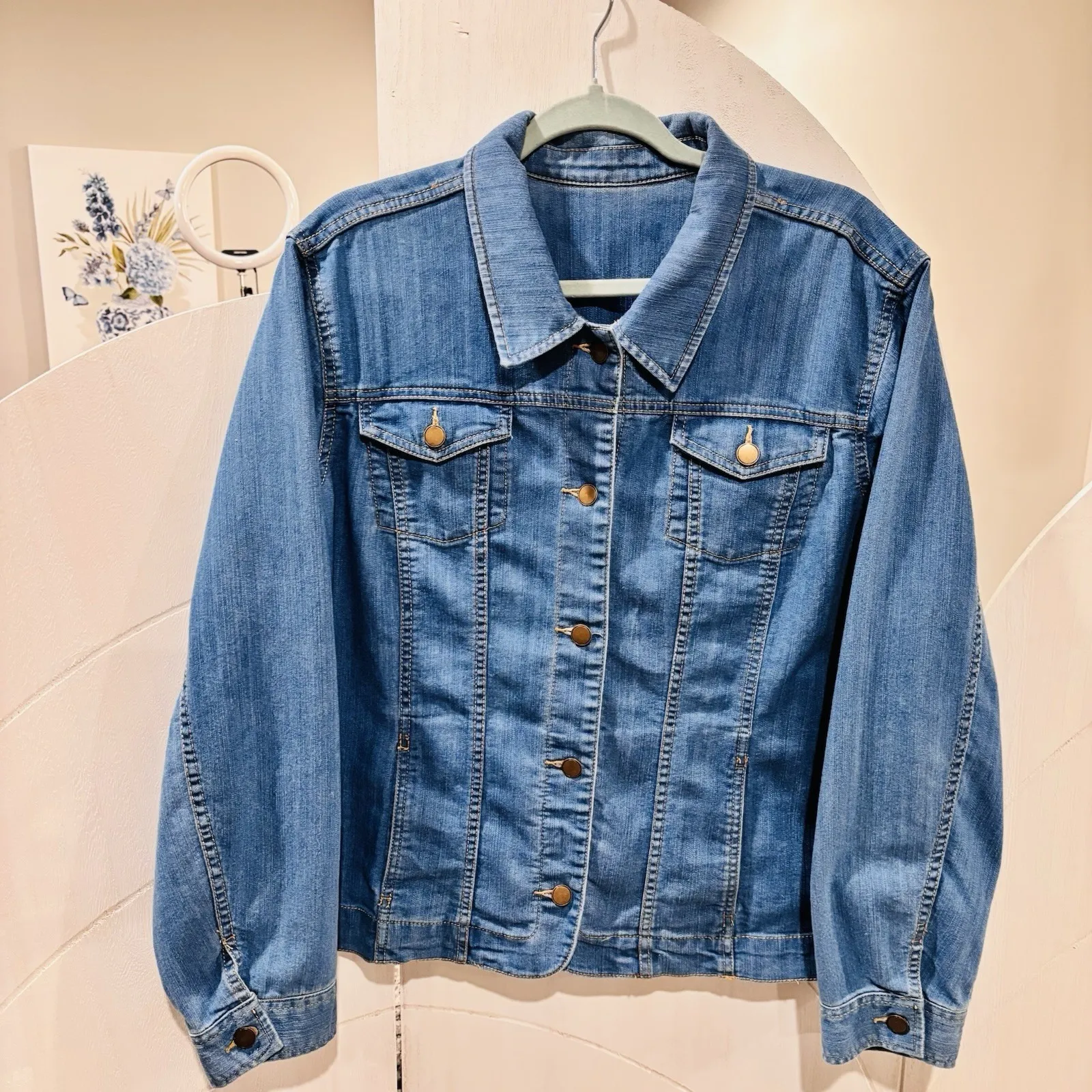 Blue Denim Jacket Button Front Chest Pockets Lightweight Classic Cotton Blend Size 1X - Image 4