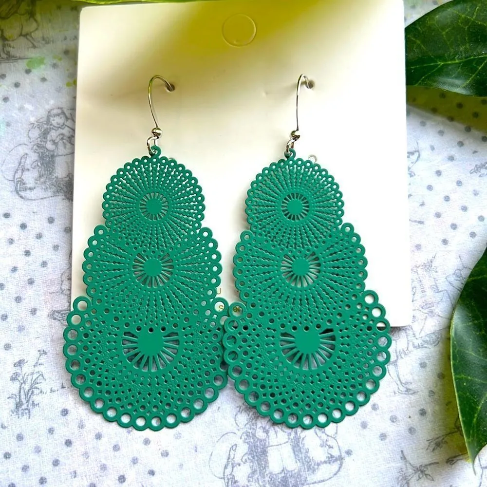 Teal Copper Lace Earrings Green - Image 2