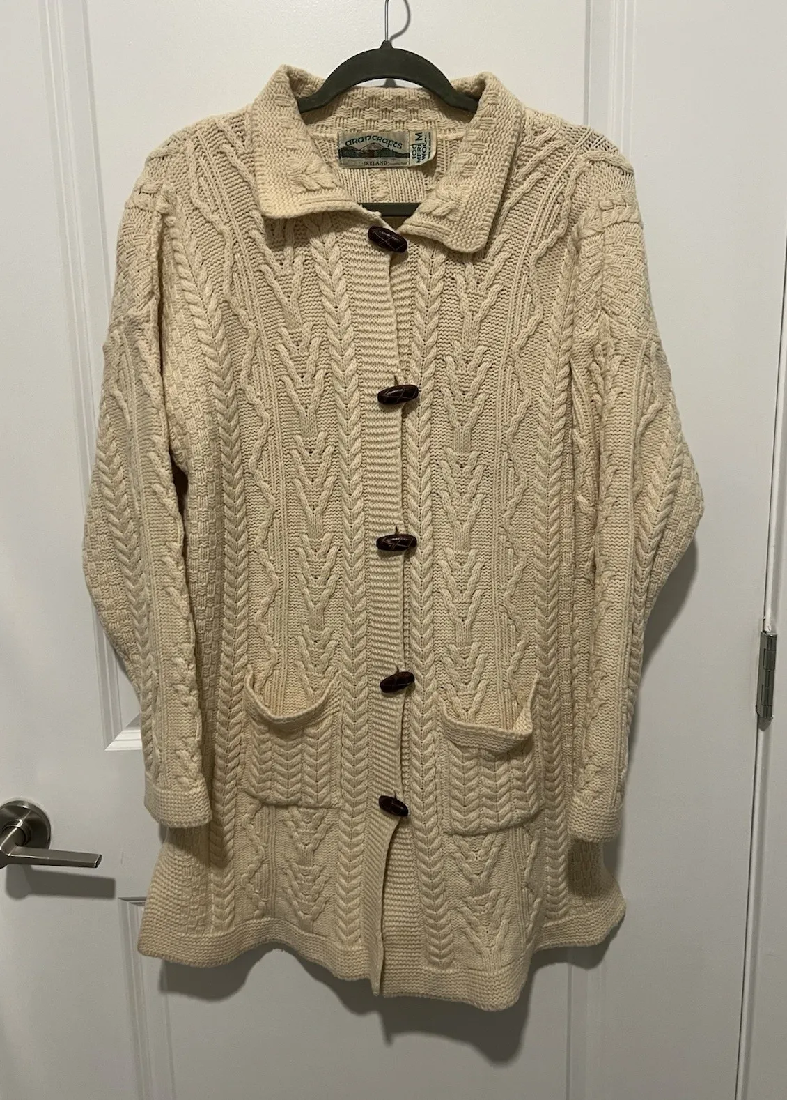 Arancrafts Ivory Long Irish 100% Merino Wool Cardigan Sweater Coat Size Medium - Image 1