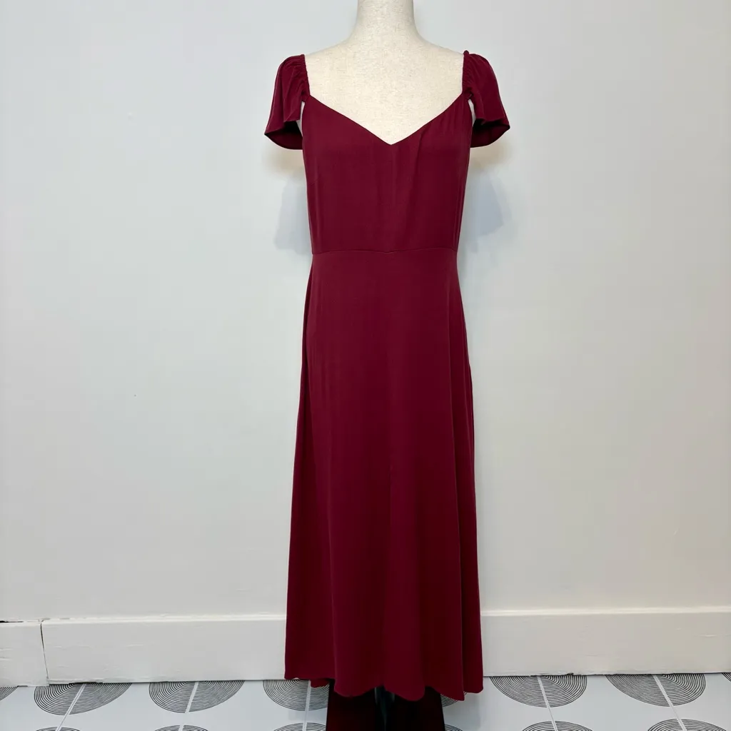 NWT Quince Maroon Viscose Lightweight Crepe Flutter Sleeve Midi Dress Sz M - Image 2