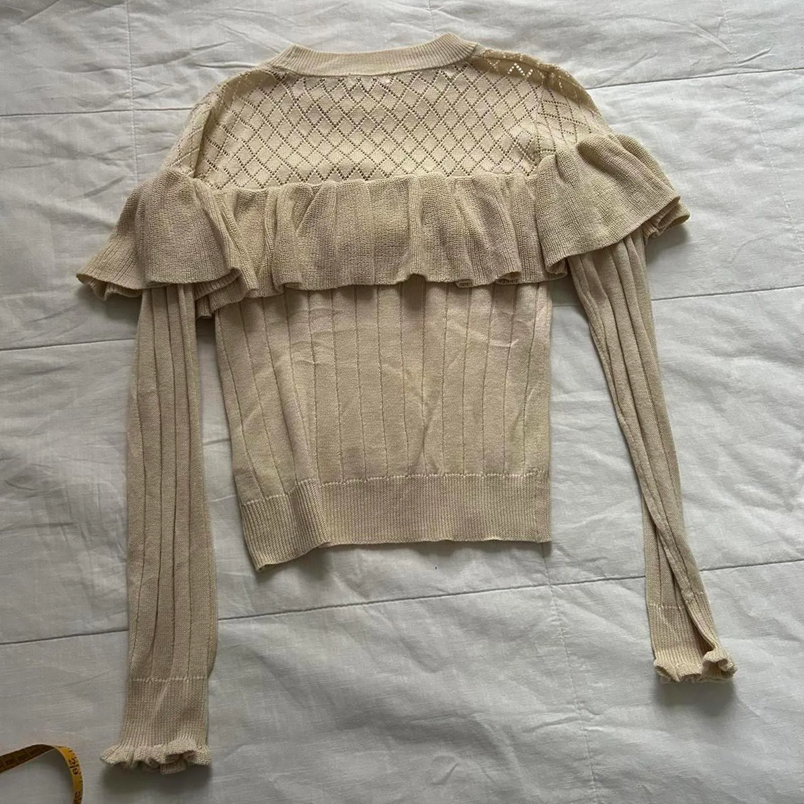 Axes Femme cream long sleeve sweater with ruffles beaded and pointelle detailing Tan Size M - Image 3