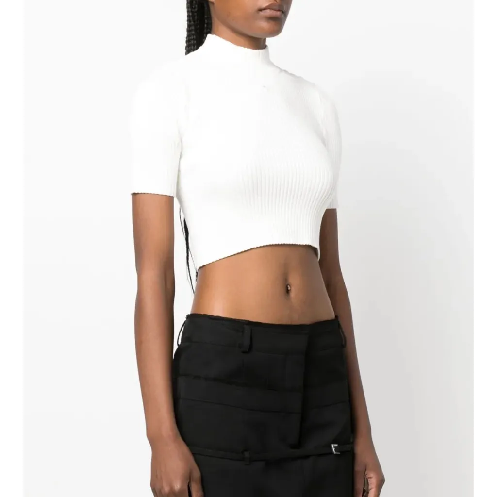 Courreges Logo Embroidered Ribbed Knit Crop Top White - Image 5