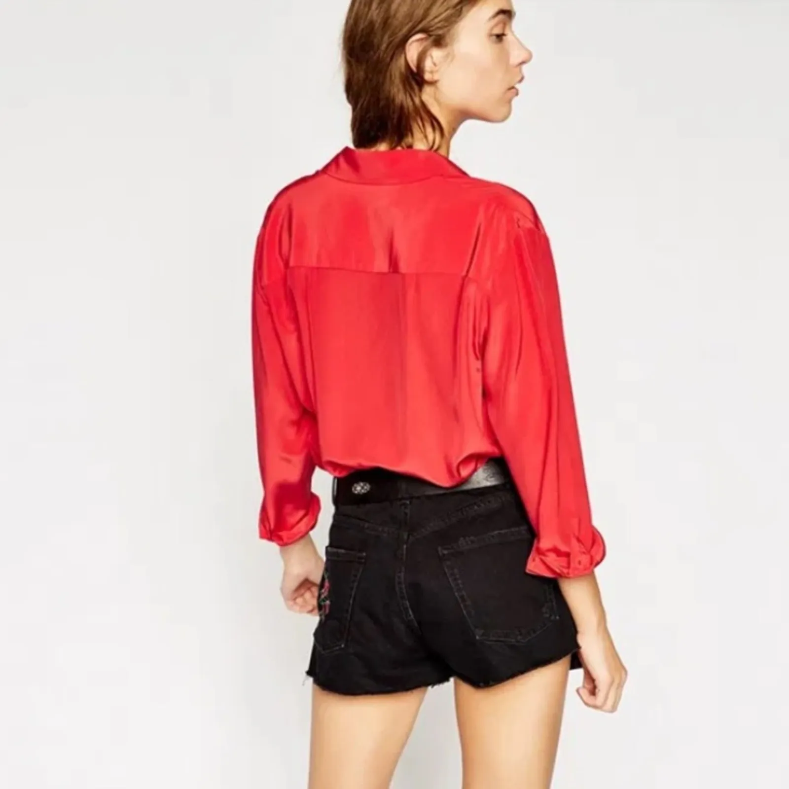 The Kooples‎ Wrap-Over Red Silk Long Sleeve Button Down Bodysuit Sz 2 (M) NEW - Image 2