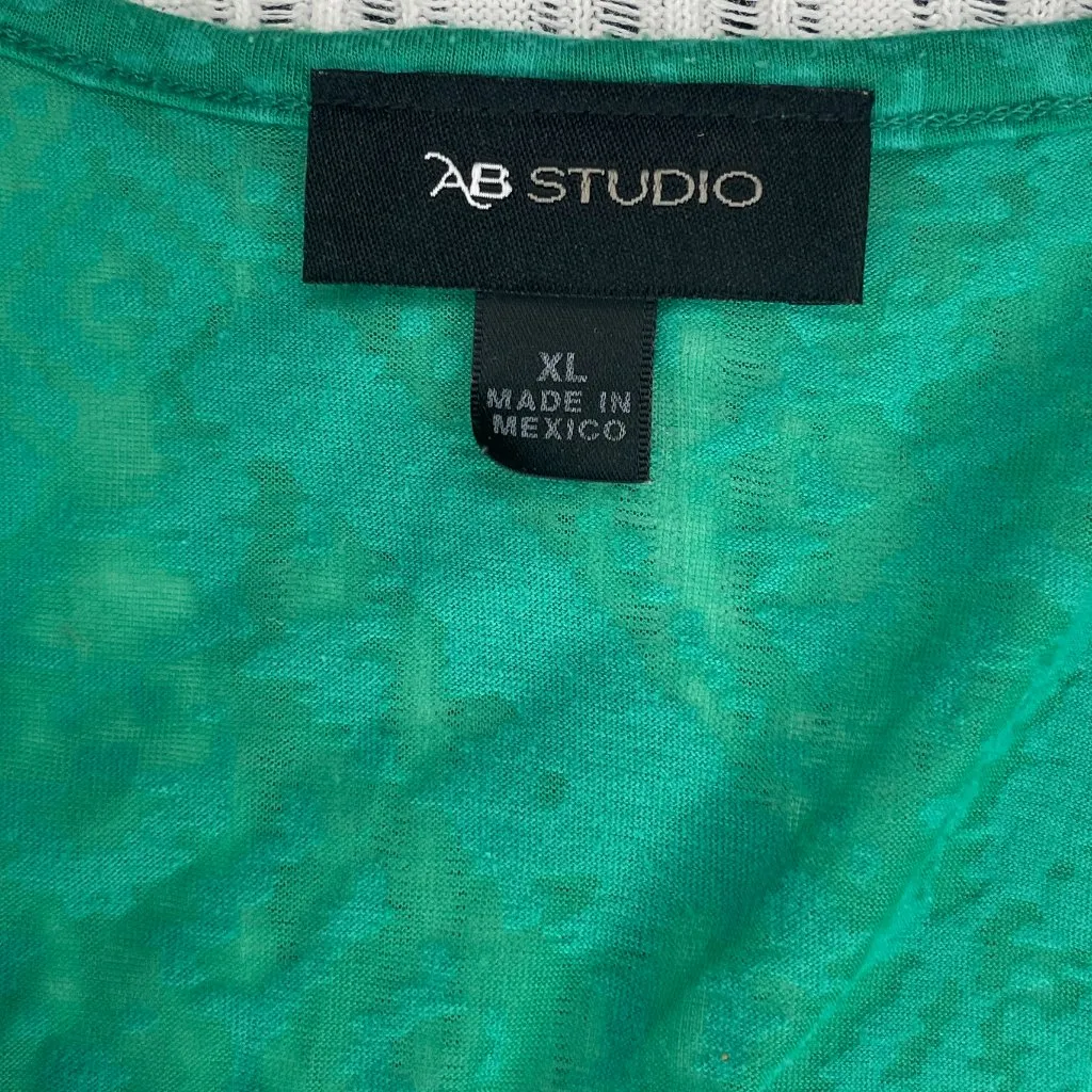 AB Studio Top Womens XL Green Short Sleeve Ruffle Stretch Knit Sexy Geo Print - Image 4