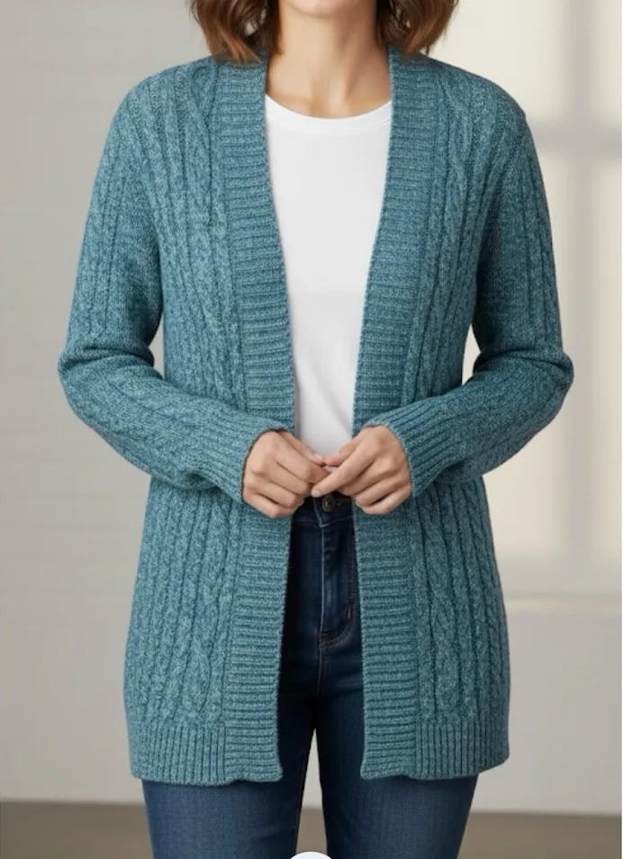 LL Bean Teal Double L Mixed Cable Open Front Cardigan Sweater Size XL PETITE Blue - Image 1