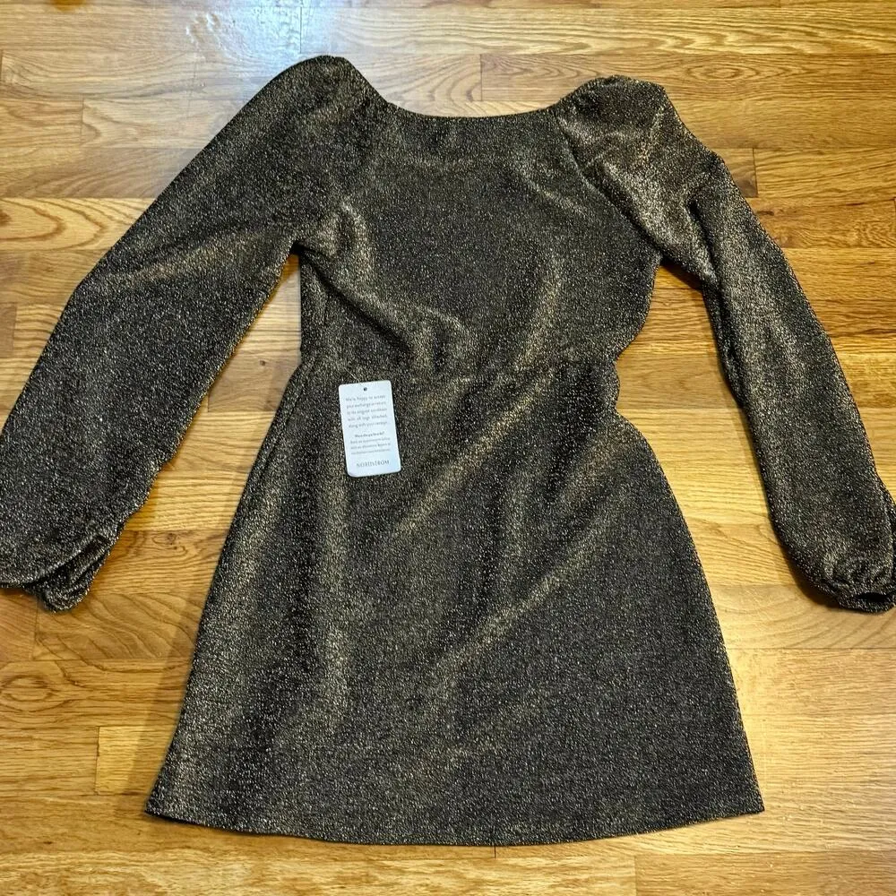 Womens Medium Black Gold Sparkle Long Sleeve Square Neck Mini Dress - Image 7