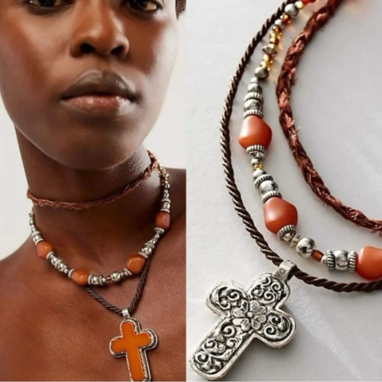 Free People Roadrunner Layered Necklace Amber Orange Brown Cross Western Boho - Image 4