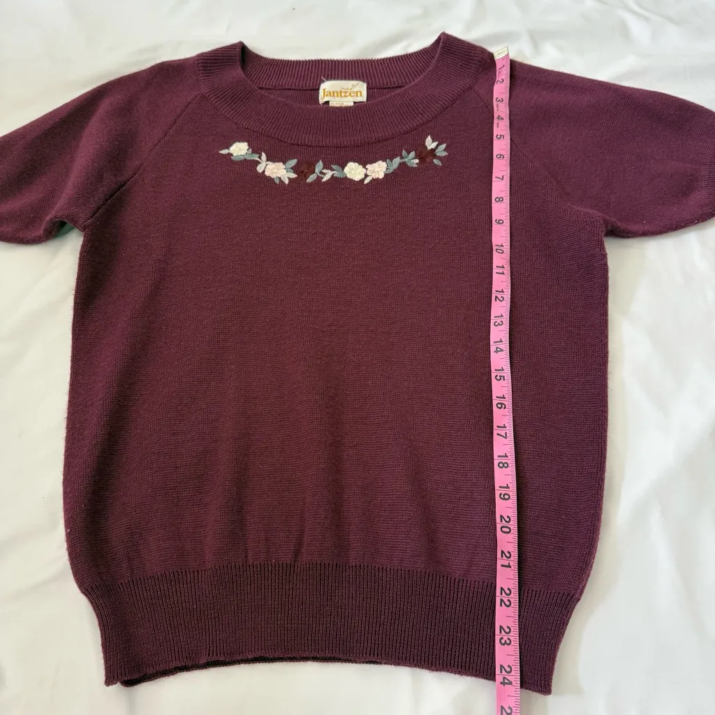 Vintage Jantzen Purple Floral Short Sleeve Sweater Top Grandma Embroidered Wool - Image 6
