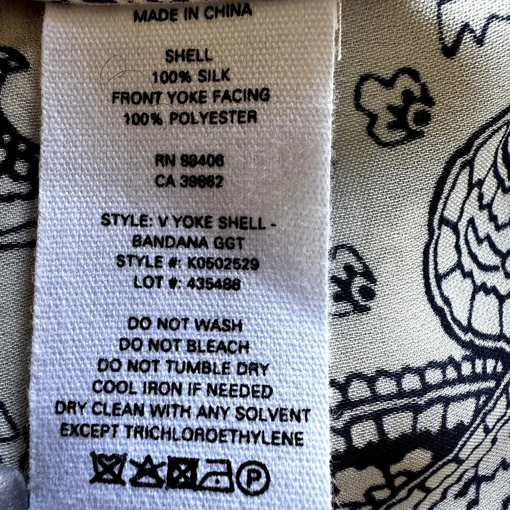 Theory V Yoke Shell Bandana Paisley Tank Top V Neck 100% Silk Black White Small - Image 3