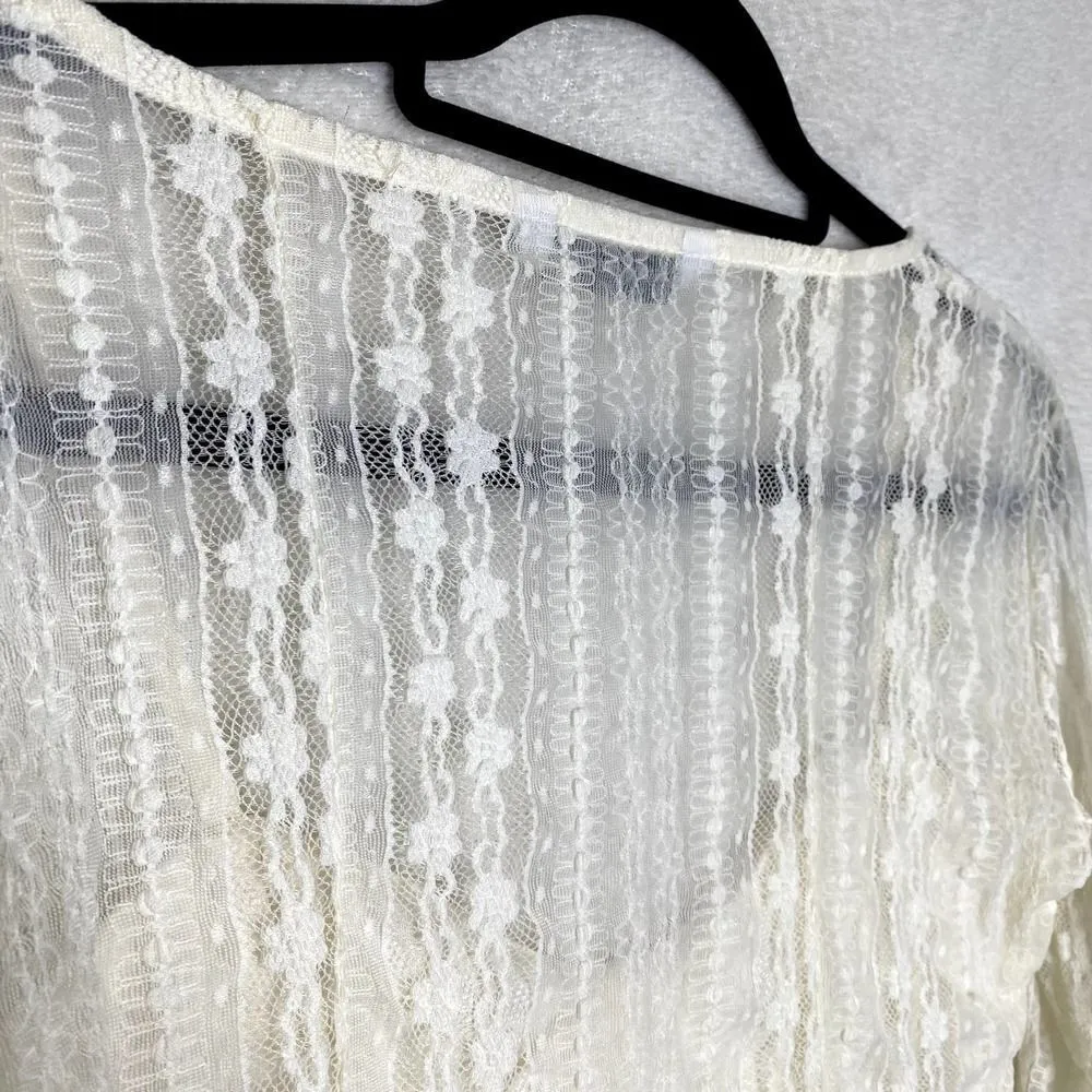 Stradivarius Floral Long Sleeve Sheer Sweetheart Lace Crop Top White Large Fairy - Image 10