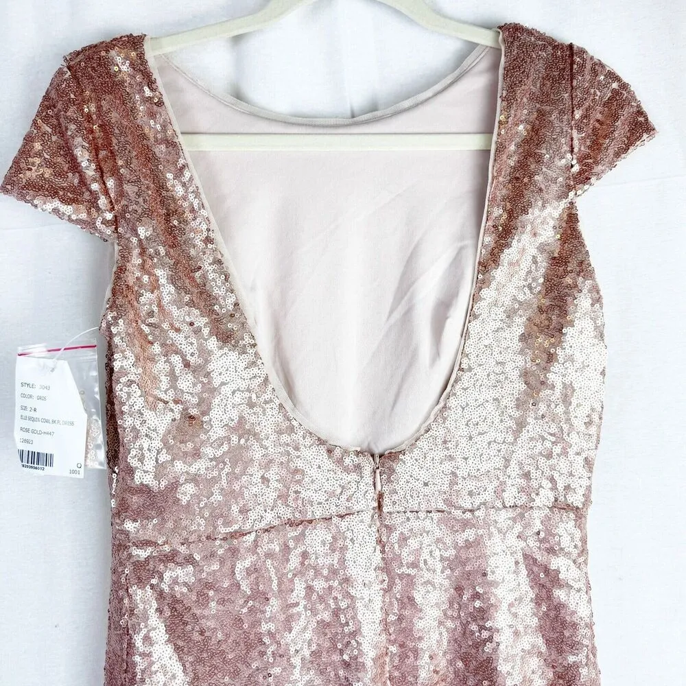 DESSY COLLECTION Rose Gold Sequin Cowl Back Cap Sleeve Gown with Slit 3043 Sz 2 Pink - Image 8