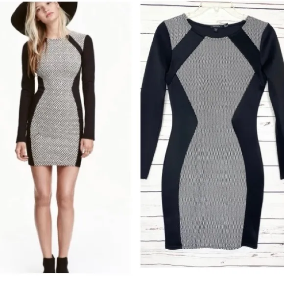 XOXO Black & White Geometric Long Sleeve Bodycon Mini Dress Size 4 Small - Image 2