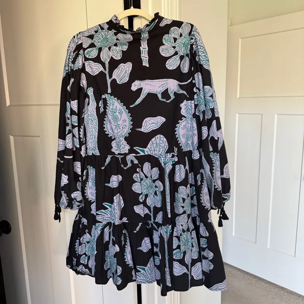 Oliphant Black Purple Floral Dress Long Sleeve V Neck Size L - Image 5