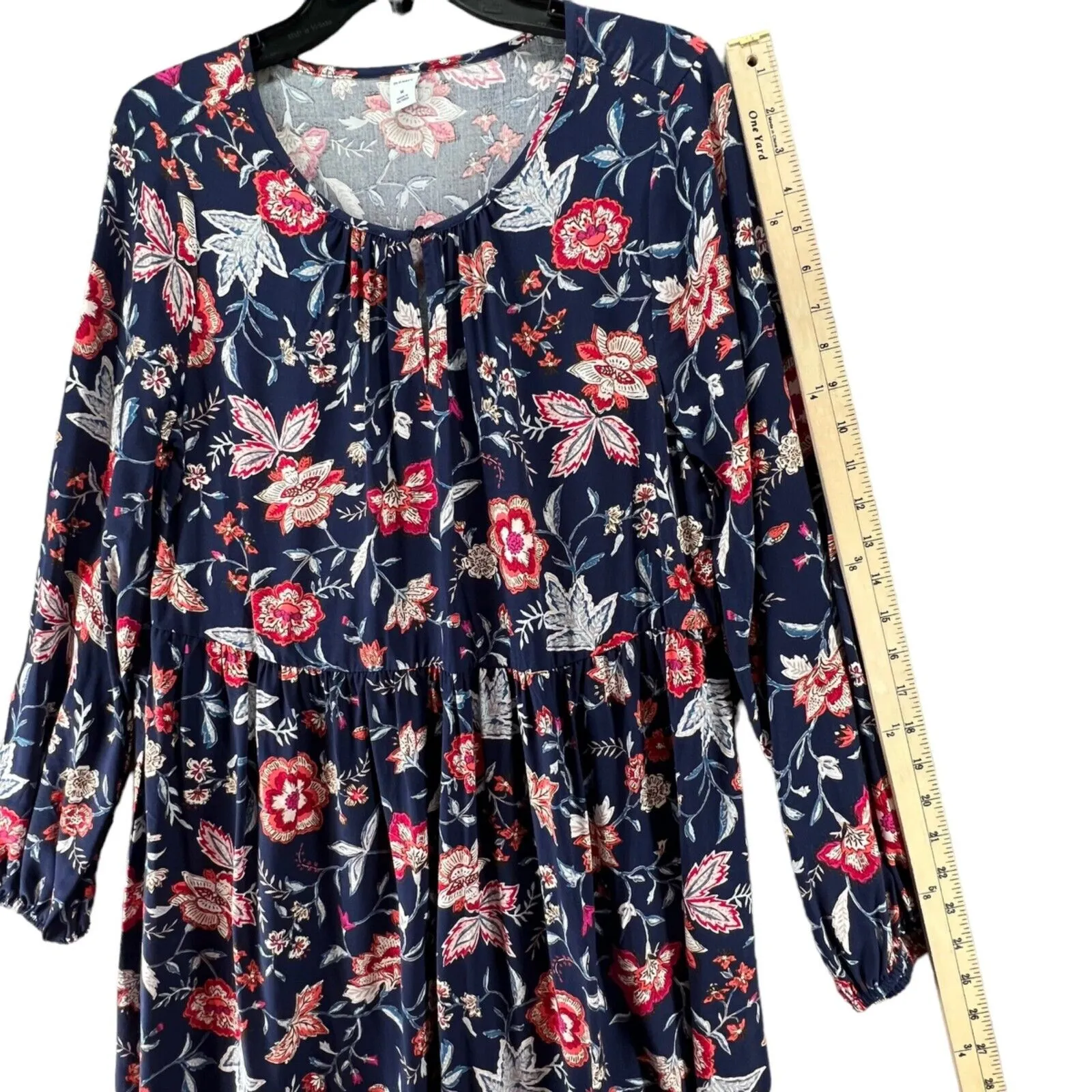 Old Navy Dress Womens Medium Blue Floral Rayon Boho Long Sleeve Mini Keyhole NEW - Image 10