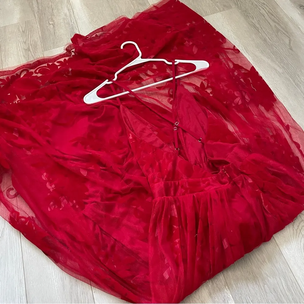 Applique Plunge Maxi Dress floral mesh slits womens Red (medium) formal party - Image 5