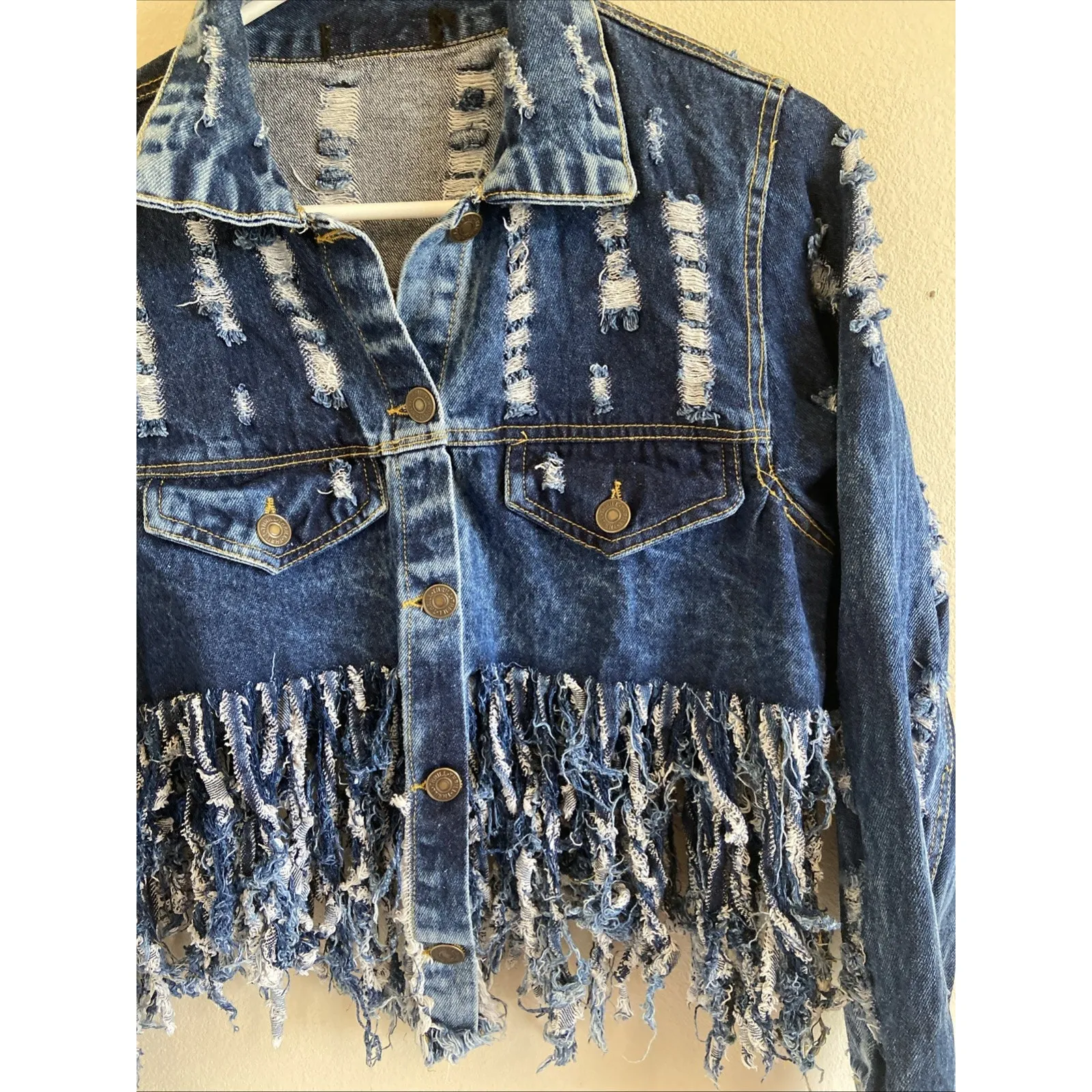 Thrill Jeans Distressed Trashed Destroyed Fringe Denim Jean Jacket No Tags READ‎ Blue - Image 4