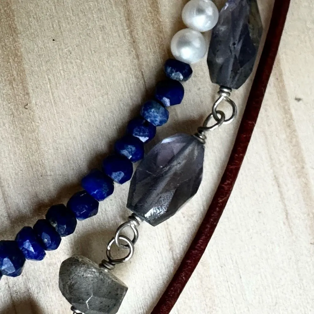 Sterling Silver Labradorite, Lapis, Pearl & Leather multi strand Bracelet - Image 3