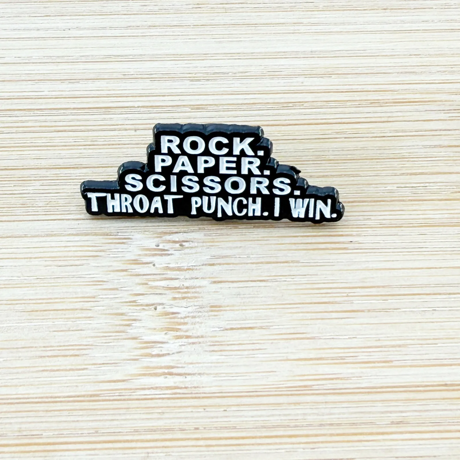 Rock Paper Scissors Throat Punch Funny Enamel Pin Black - Image 2