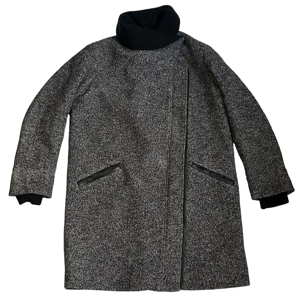 Vince Wool Pea Coat Shawl Collar Asymmetric Gray Black Leather Warm Winter Small - Image 4