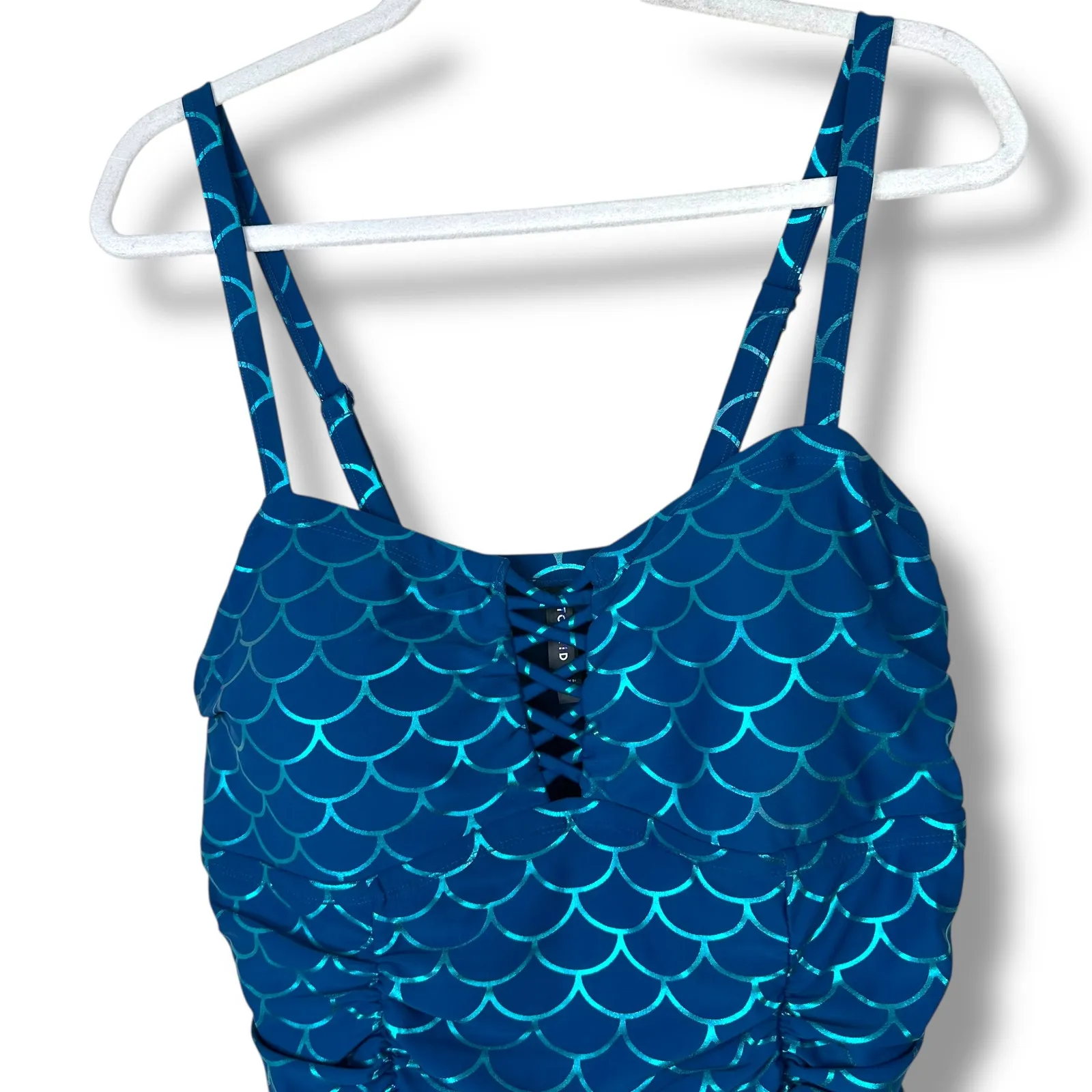 Torrid NWOT Mermaid Scales Blue Wireless Slim Fix Lattice One-Piece Swimsuit - Image 4