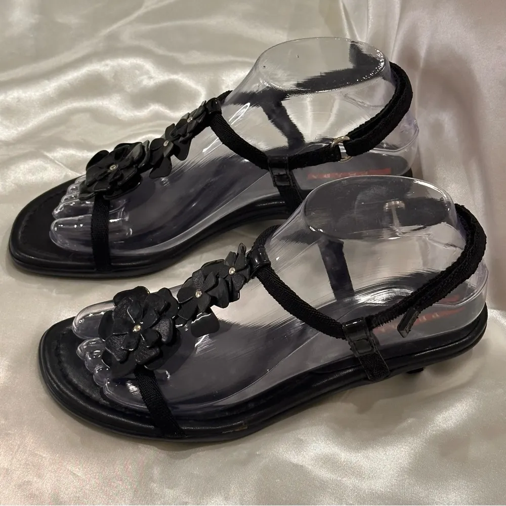 Prada Sport T Strap Sandals Leather Floral Kitten Heels Black Size 6 Vintage Y2K - Image 4