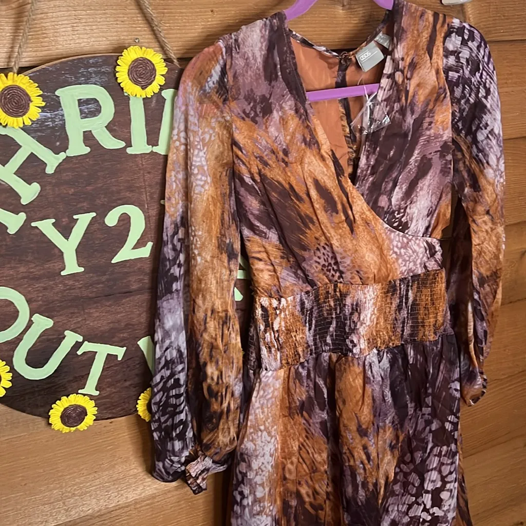 NWT ASOS Leopard Sheer Backless Puff Sleeve Maxi Dress Purple Long Sleeve V Neck - Image 4