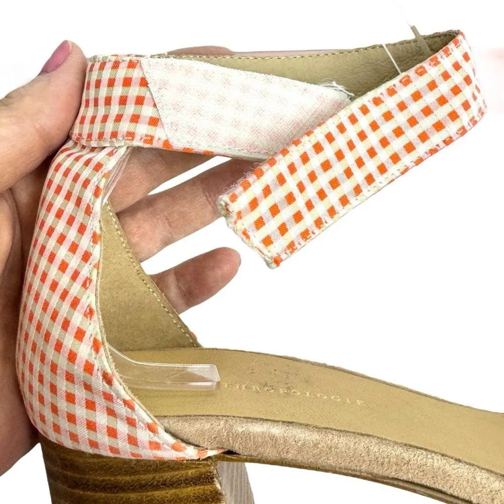 Anthropologie Gingham Ankle Strap Heeled Sandals Size 39 US 8.5 Orange Pink - Image 10