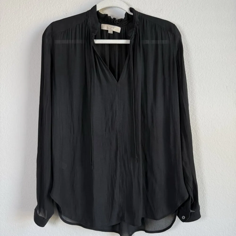 Loft Women's Small Sheer Long Sleeve Smocked‎ Tie Neck Blouse Black Casual - Image 12