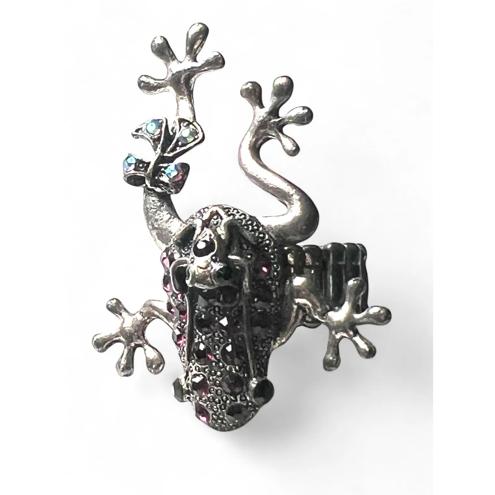 Stretch Silver Tone Ring Rose Amethyst Mom Baby Bow Crystal Rhinestone Frog - Image 2