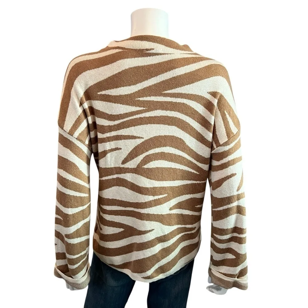 Tribal Jeans Tan Zebra Print High Neck Sweater Small Soft Oversized Pullover - Image 4