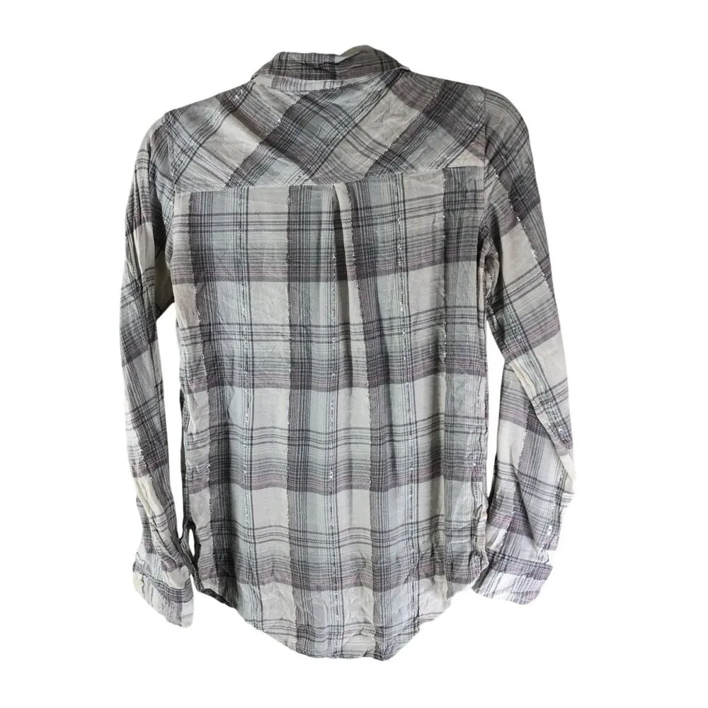 Mudd Womens Plaid Flannel Button-Up Shirt Metallic Gray White Silver XS - Image 2