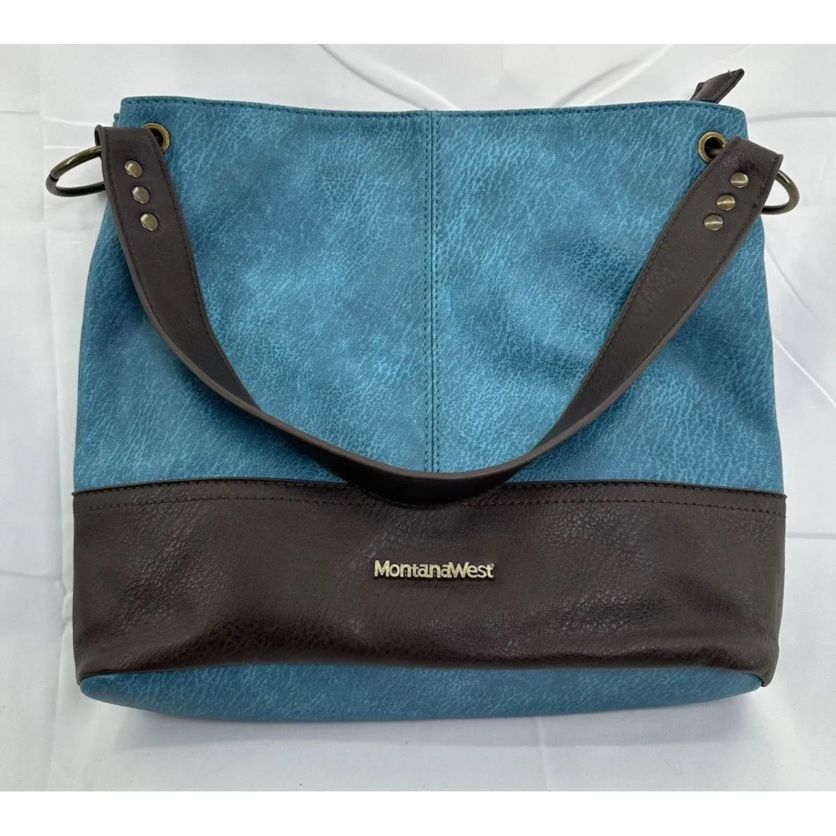 Montana West Hobo Handbag Turquoise & Brown Shoulder Purse Zipper EUC Women's - Image 11