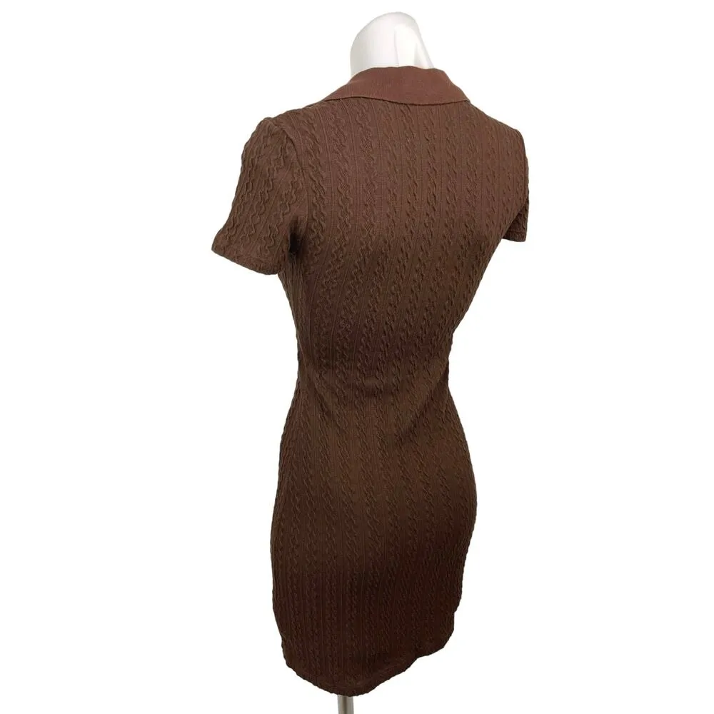 H&M Divided Brown Cable Knit V-neck Short Sleeve Mini Bodycon Sweater Dress S - Image 2