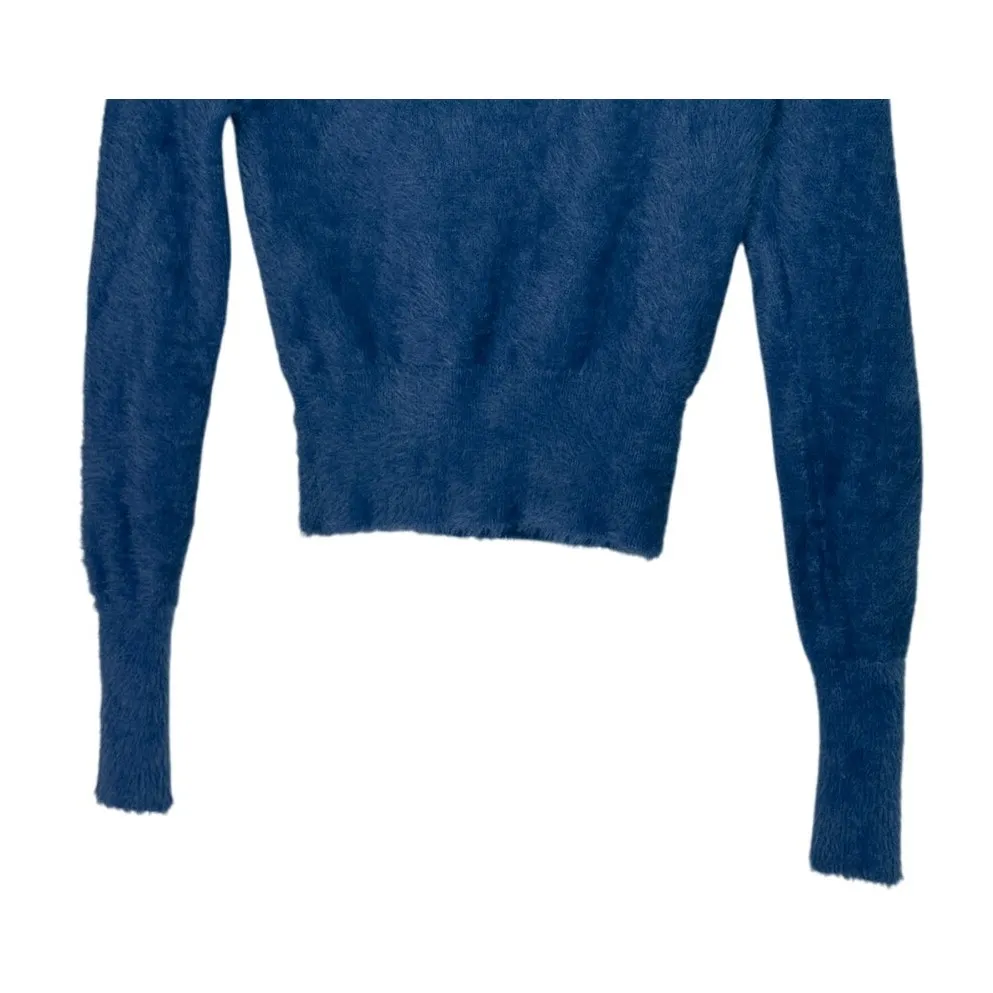 Zara Soft Fuzzy Knit Long Sleeve Crew Neck Cropped Sweater S Dark Blue #4084 - Image 6