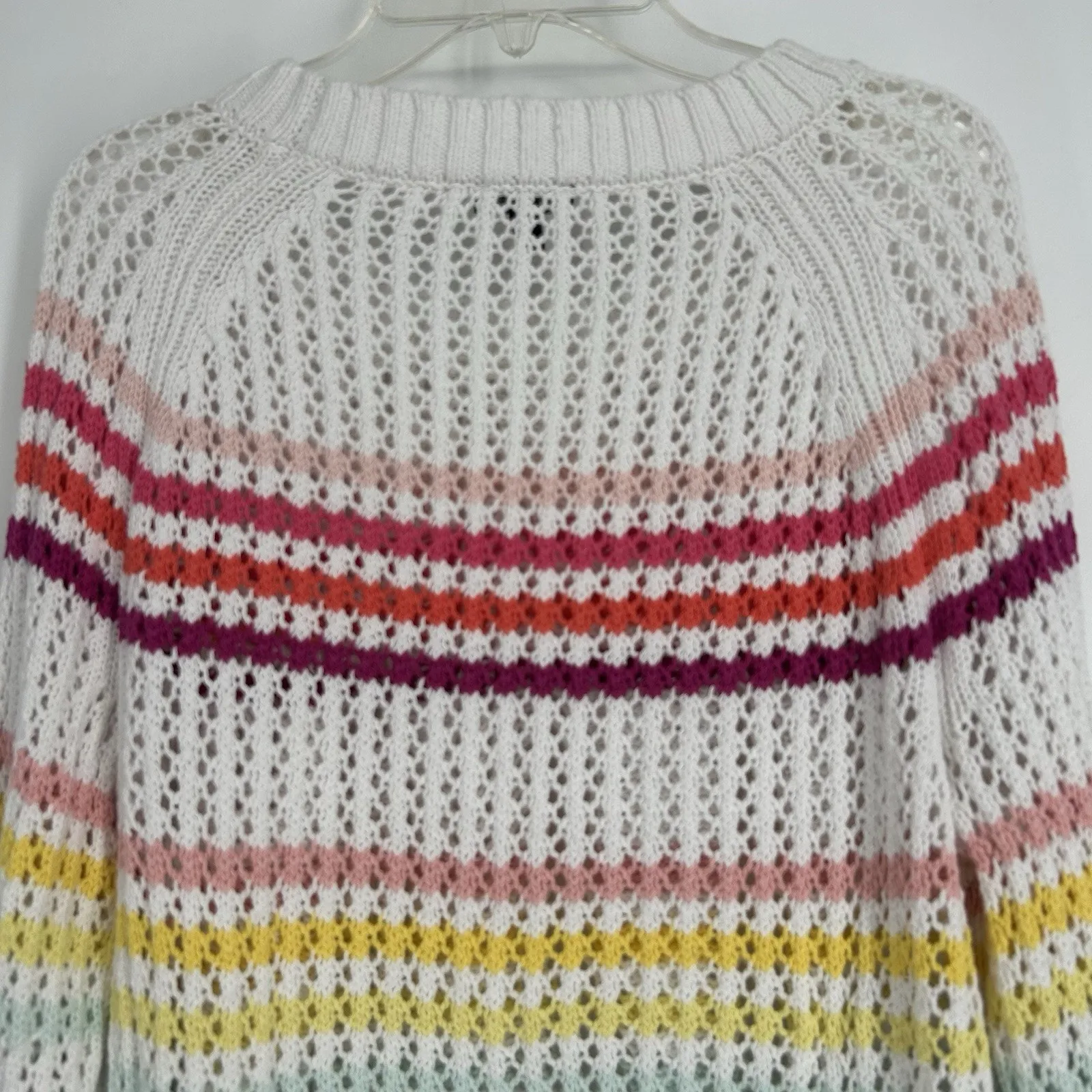 Talbots  Open Knit Sweater White Rainbow Stripe Pullover Crew Neck Size M - Image 7