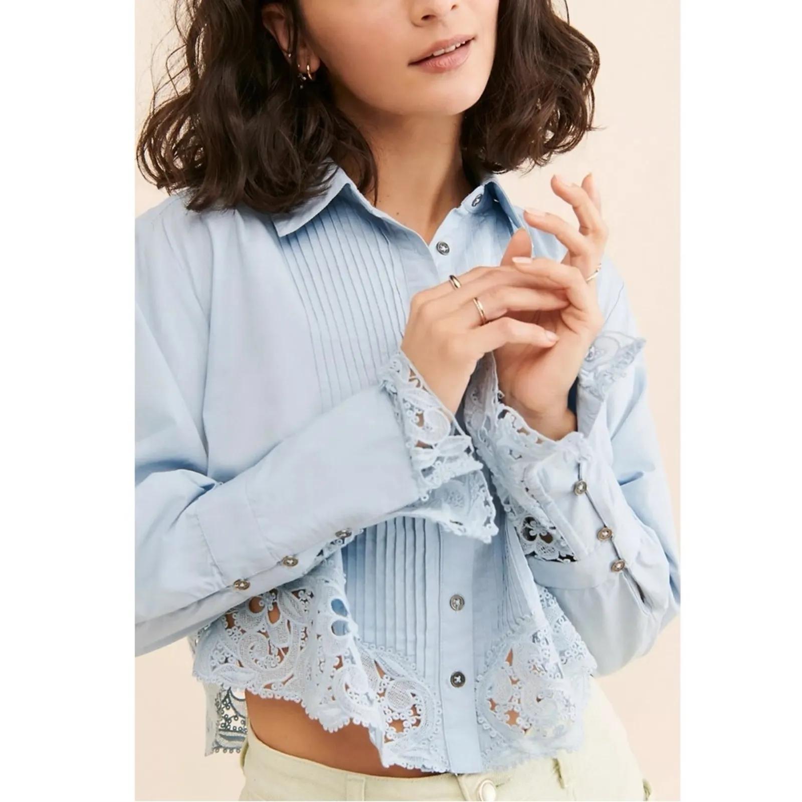 Free People Large Dainty Cottage Crochet Lace Hooked On You Top Shirt Blue - Image 7