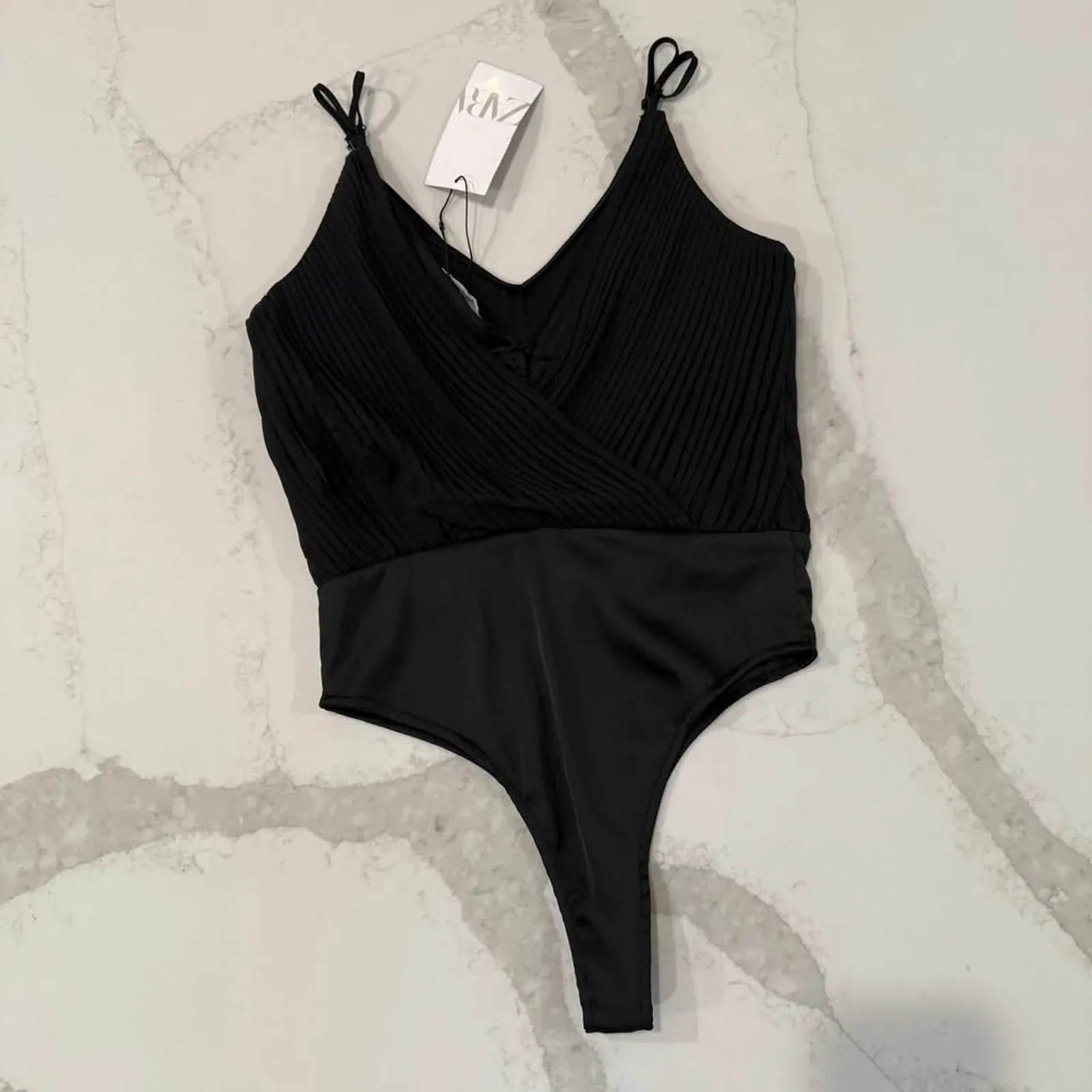 Zara NWT Pleated Draped Plunge Bodysuit Womens XS Spaghetti Straps Back Buttons - Image 8