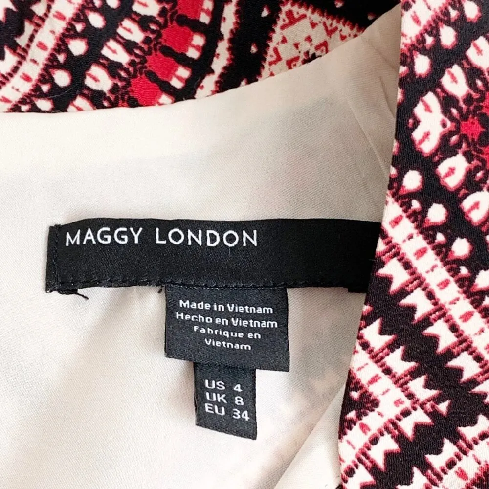 Maggy London Dress 3/4 Sleeve Mixed Print V-Neck Tie Dress Size 4 - Image 3