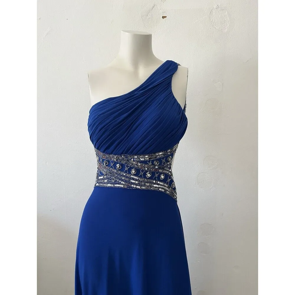Betsy And Adam Electric Blue One Shoulder Sequin Beaded Floor Length Ball Gown 4 - Image 6