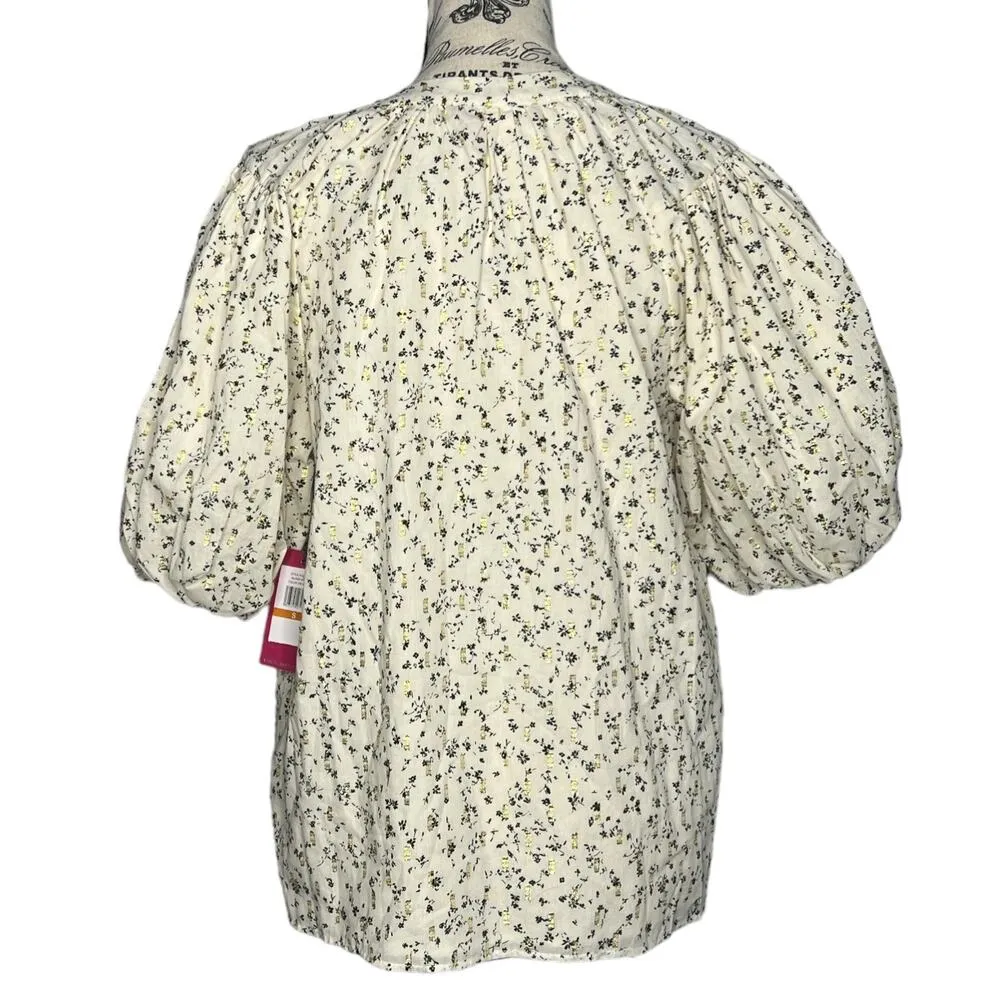Vince Camuto SMALL Cream Floral Print Puffy Elastic Sleeve Split Neck Blouse - Image 4