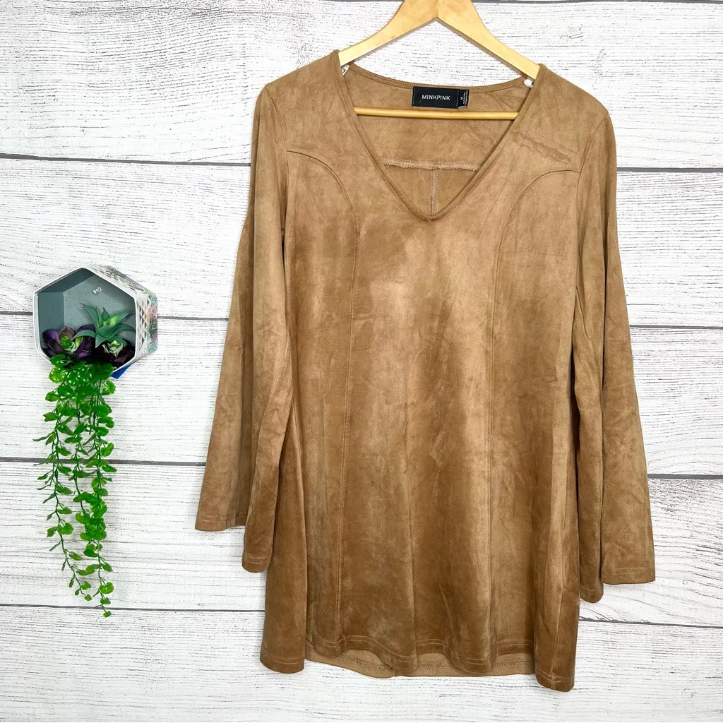 Mink Pink Tan Faux Suede Long Bell Sleeve Open Shoulder Mini Dress Size Medium - Image 3