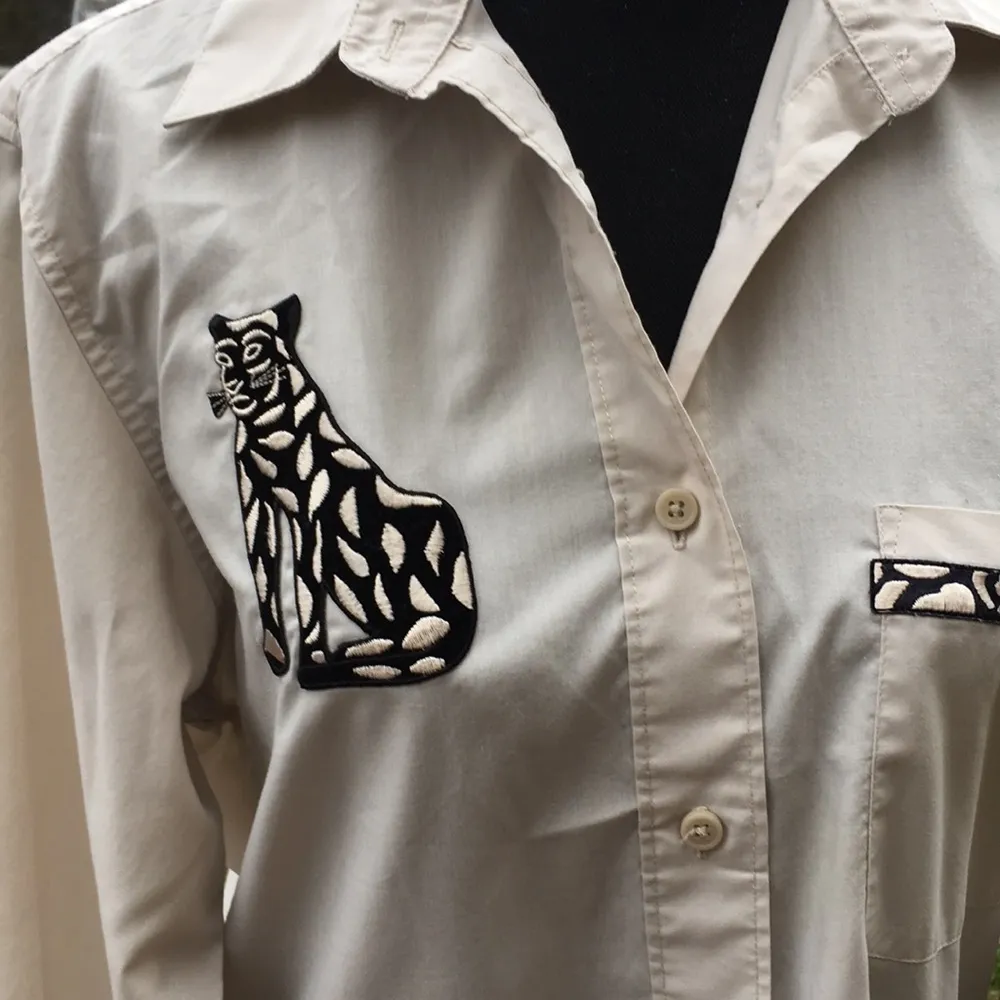 Vintage Long Sleeve Oversized Black Cat Shirt Size XS Tan - Image 3