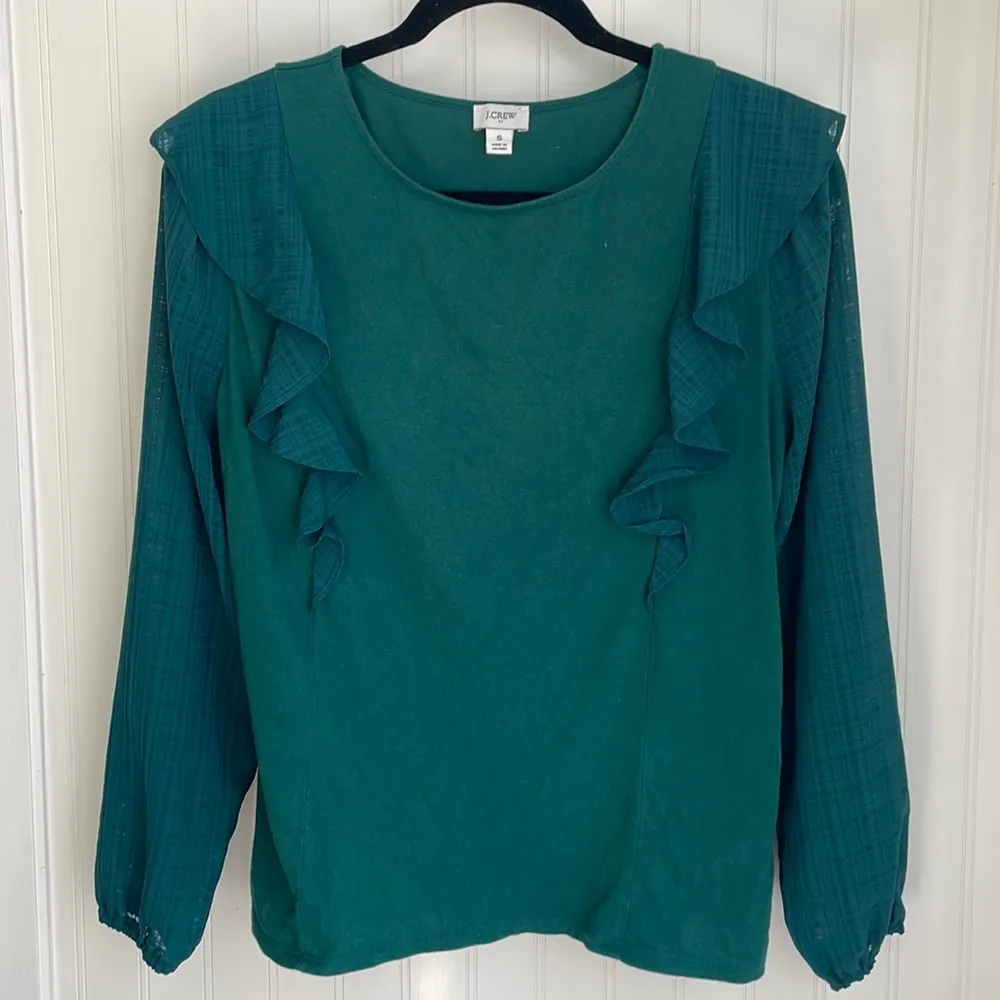 J. CREW Green Long Sleeve Blouse Ruffle-shoulder with plaid sheer sleeves size S - Image 2