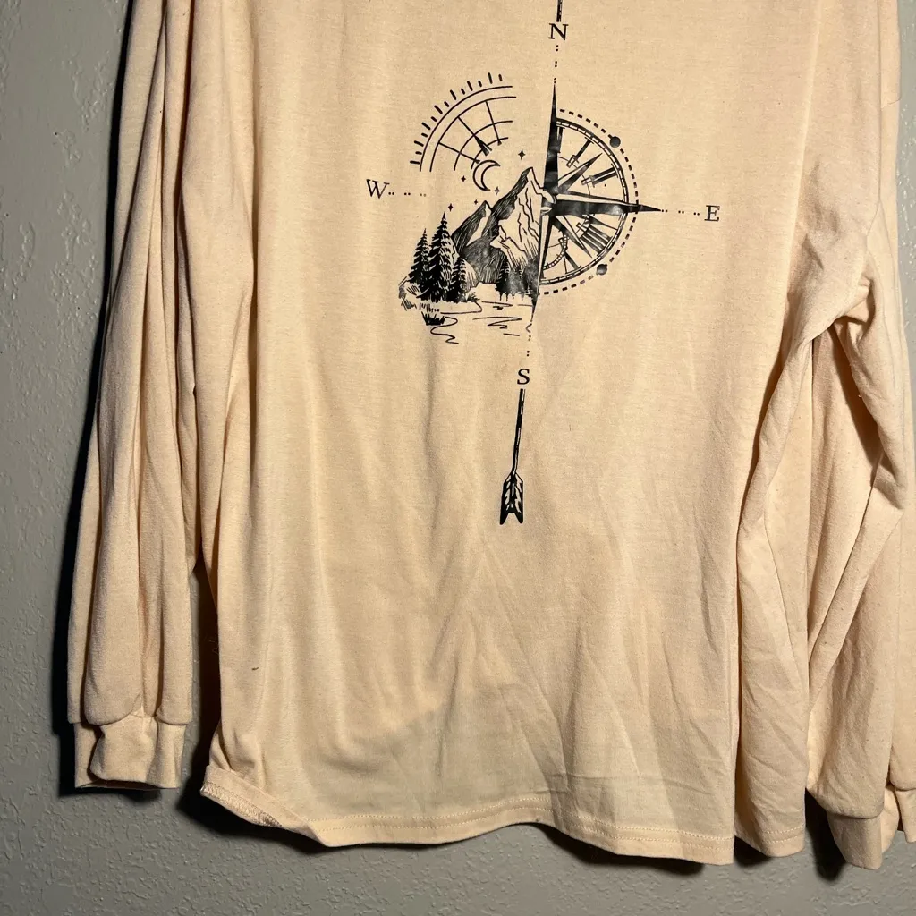 SHEIN Cream Pink Long Sleeve Tee Graphic Compass Design Sweater T Shirt SZ L - Image 3