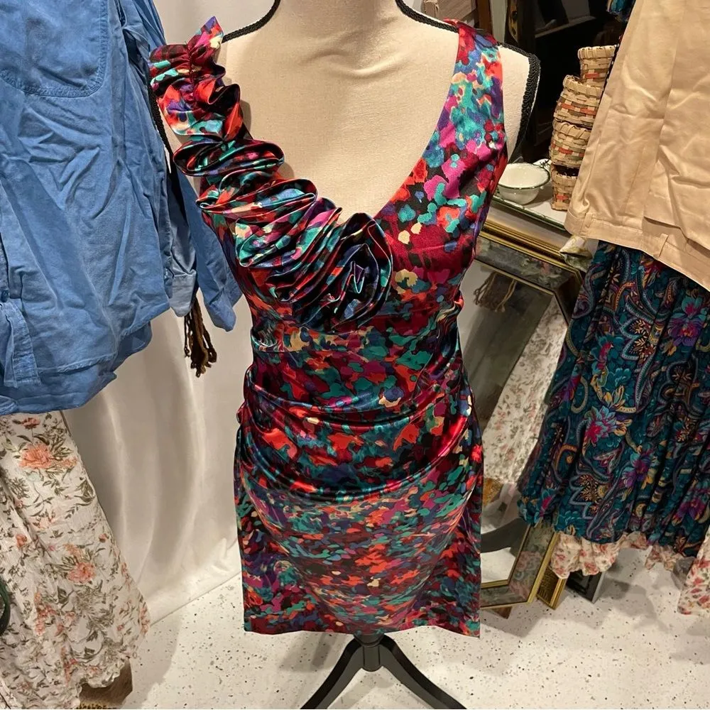 Beautiful silky rainbow 3d floral sheath dress ruched London Times v neck NYE - Image 4