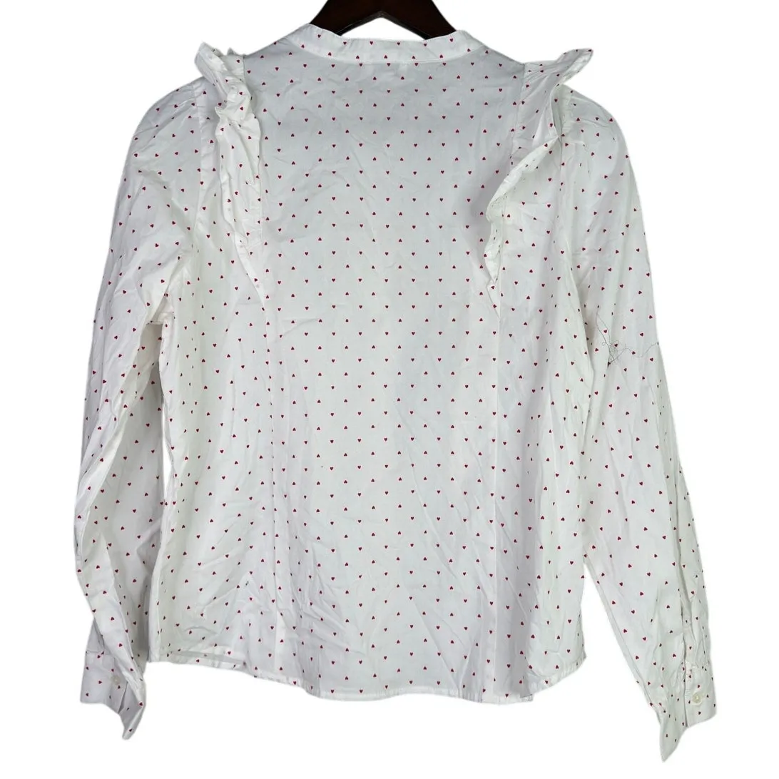 J.Crew Cotton Poplin Ruffle Heart Print Button Down LongSleeve Shirt M White Red - Image 4