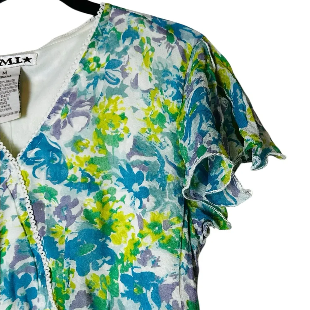 Vintage A.M.I. Babydoll Top Chiffon Floral Y2K Whimsy Fairy Size Medium Green - Image 2