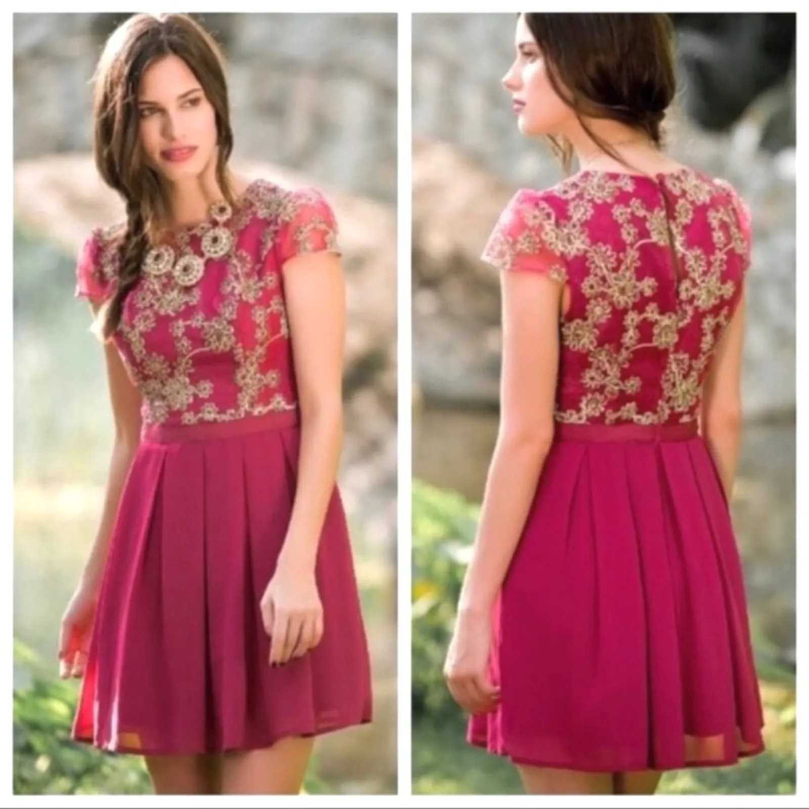 Jun Ivy Dress Berry Gold Floral Brocade Cap Sleeve Pleated Fit Flare Medium NEW - Image 12